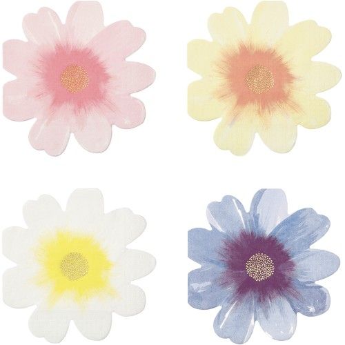 Vier Meri Meri bloemvormige servetten in verschillende kleuren.
