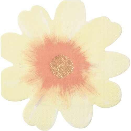 Een geel Meri Meri bloemvormig servet met een oranje hart.