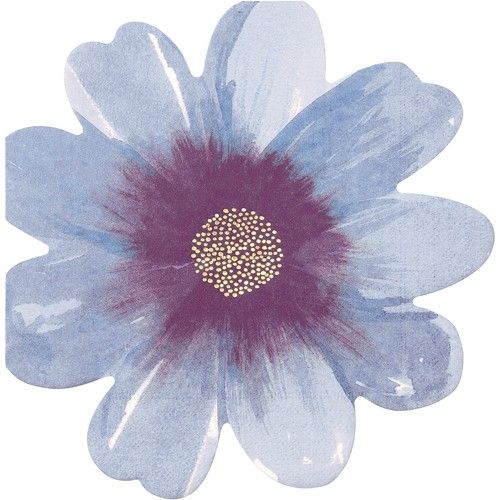 Een blauw Meri Meri bloemvormig servet met een paars hart.