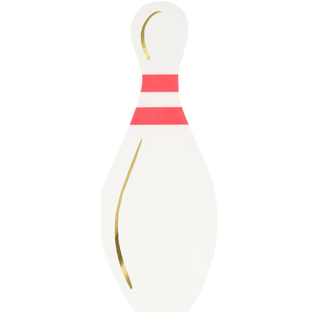 Meri Meri servet in de vorm van een witte bowlingpin met rode strepen en gouden accenten.
