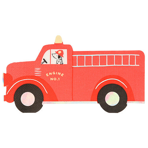 Meri Meri servet in de vorm van een rode brandweerauto met een dalmatiër als bestuurder.