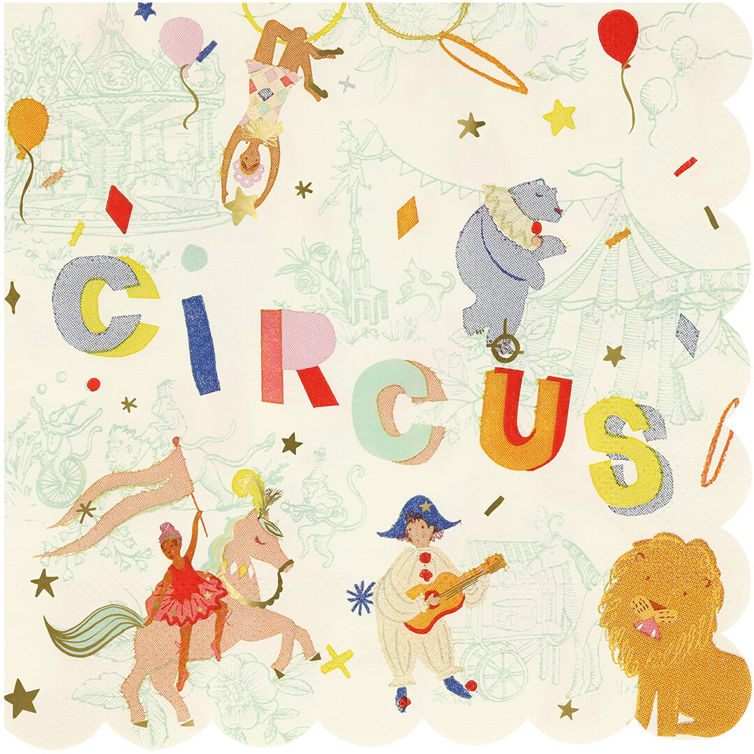 Meri Meri papieren servet met een kleurrijke circusafbeelding van acrobaten, dieren en de tekst 'CIRCUS'.