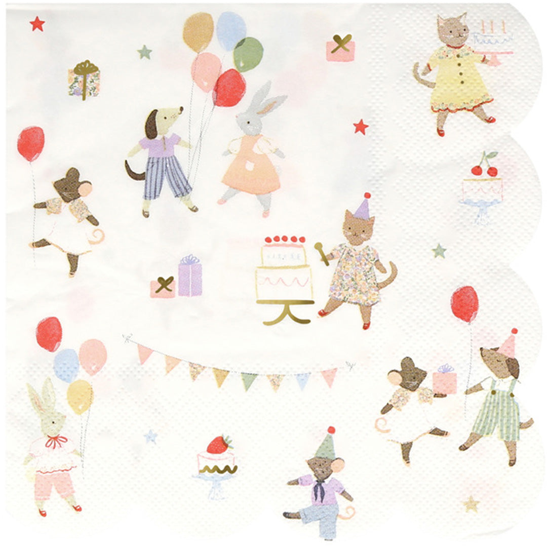 Meri Meri servet met een patroon van feestende dieren zoals honden, konijnen, muizen en katten met ballonnen en taarten.