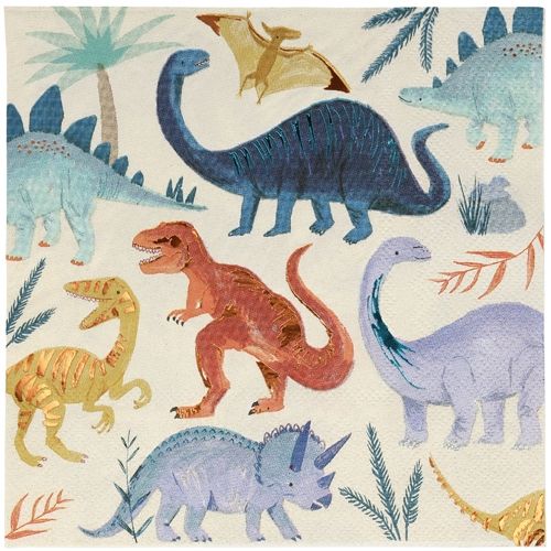 Meri meri servetten met een kleurrijk patroon van verschillende dinosaurussen en planten.