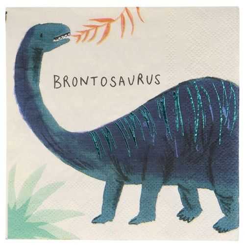 Meri Meri papieren servet met een blauwe Brontosaurus en de tekst 'BRONTOSAURUS'.