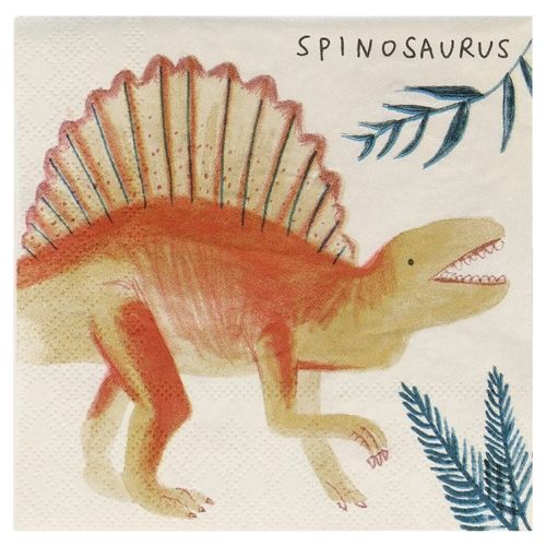 Meri Meri papieren servet met een oranje Spinosaurus en de tekst 'SPINOSAURUS'.