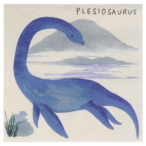 Meri Meri papieren servet met een blauwe Plesiosaurus en de tekst 'PLESIOSAURUS'.