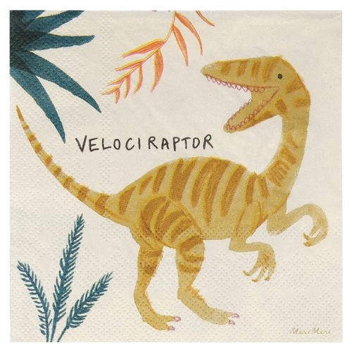 Meri Meri papieren servet met een gele Velociraptor en de tekst 'VELOCIRAPTOR'.