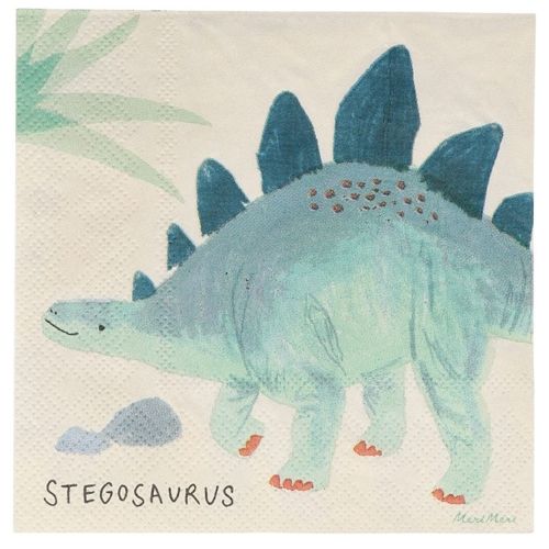 Meri Meri papieren servet met een blauwe Stegosaurus en de tekst 'STEGOSAURUS'.