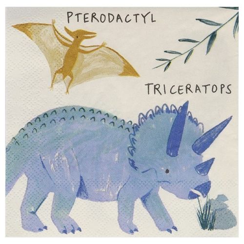 Meri Meri papieren servet met een blauwe Triceratops en een gele Pterodactyl.