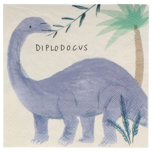 Meri Meri papieren servet met een paarse Diplodocus en de tekst 'DIPLODOCUS'.