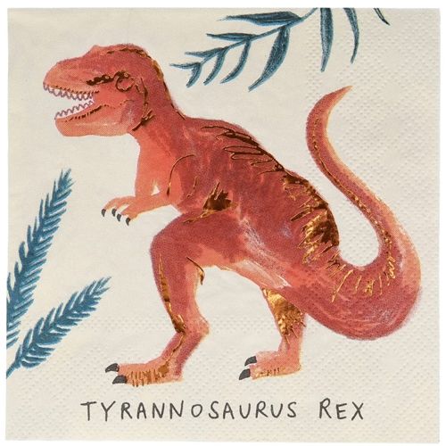 Meri Meri papieren servet met een rode Tyrannosaurus Rex en de tekst 'TYRANNOSAURUS REX'.