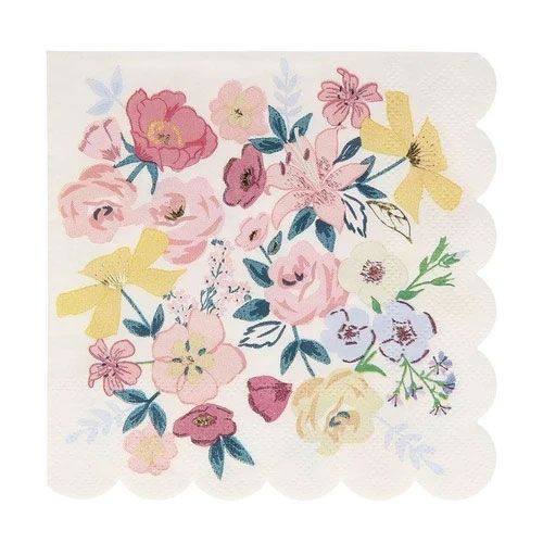 Meri Meri papieren servet met een groot boeket van kleurrijke bloemen in het midden en een geschulpte rand.