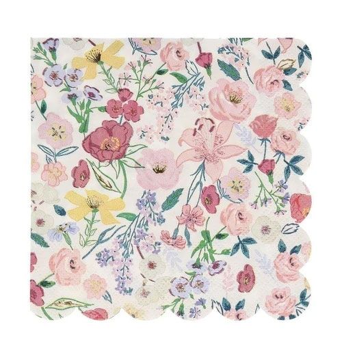 Meri Meri papieren servet met een dicht all-over patroon van kleurrijke bloemen en een geschulpte rand.
