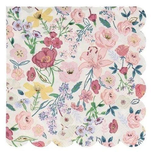 Meri Meri papieren servet met een dicht bloemenpatroon van roze, gele en paarse bloemen op een witte achtergrond.