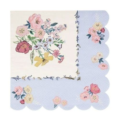 Meri Meri papieren servet met een groot bloemenboeket en een lichtblauwe rand met bloemdetails.