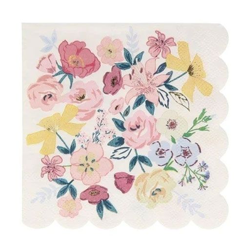 Meri Meri papieren servet met een verspreid bloemenpatroon van roze, gele en lichtblauwe bloemen.