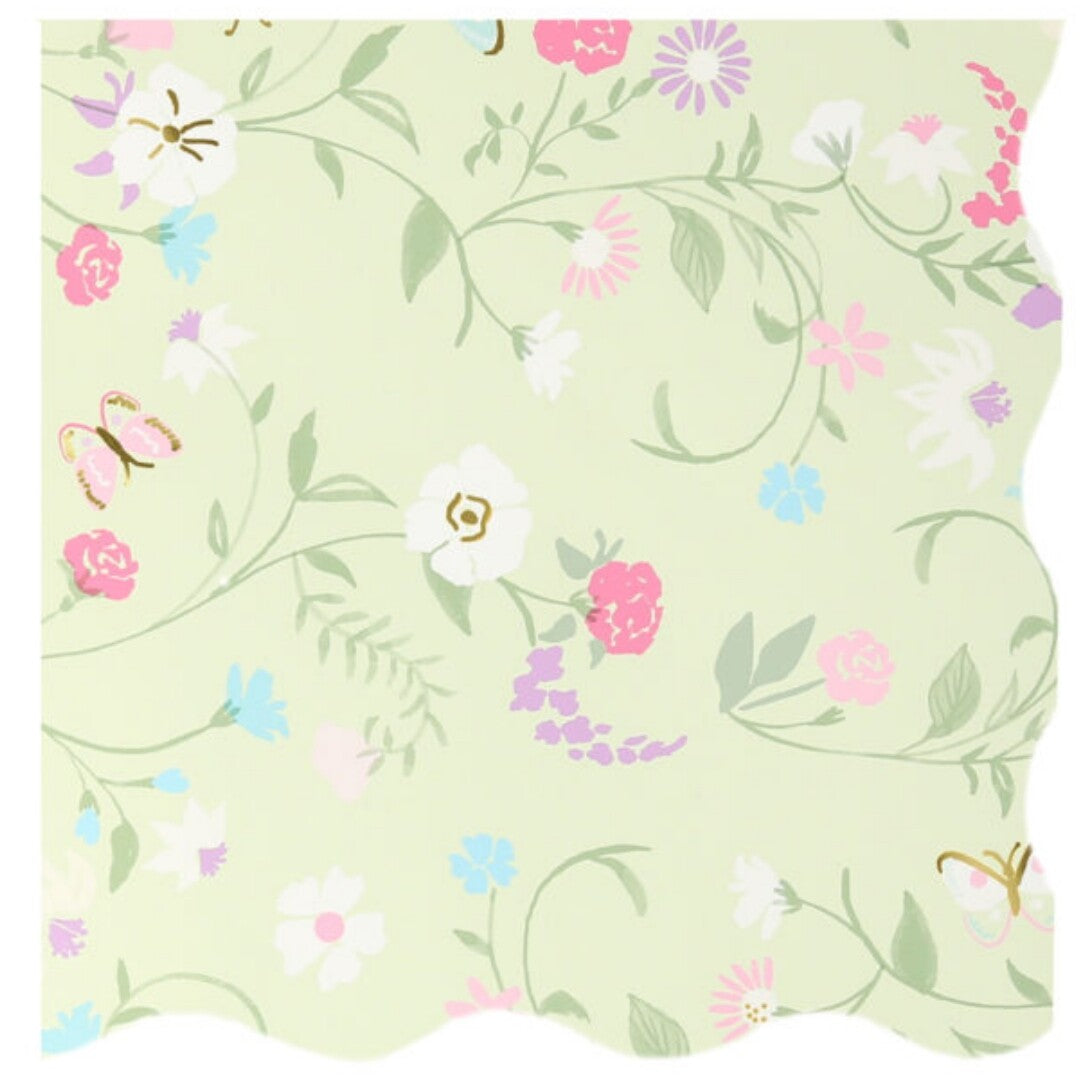 Een lichtgroen Meri Meri Ladurée Paris Floral servet met een bloemen- en vlinderpatroon.