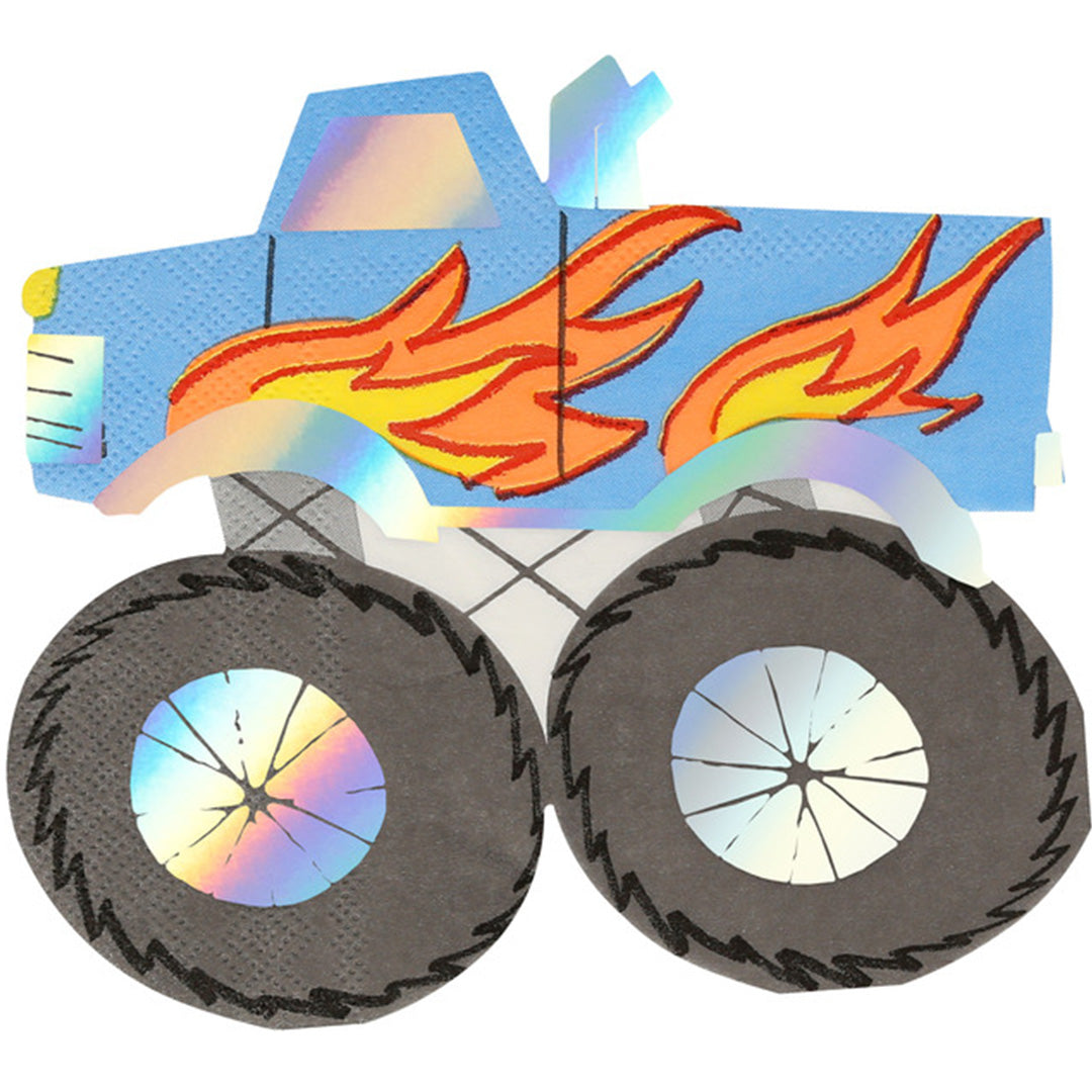 Meri Meri monster truck servet met blauwe truck, oranje vlammen en holografische details.