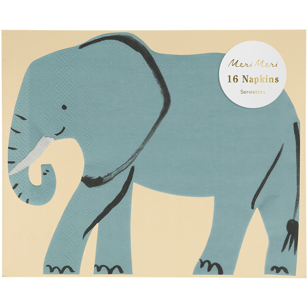 De verpakking van Meri Meri servetten met een blauwe olifant en de tekst '16 Napkins'.