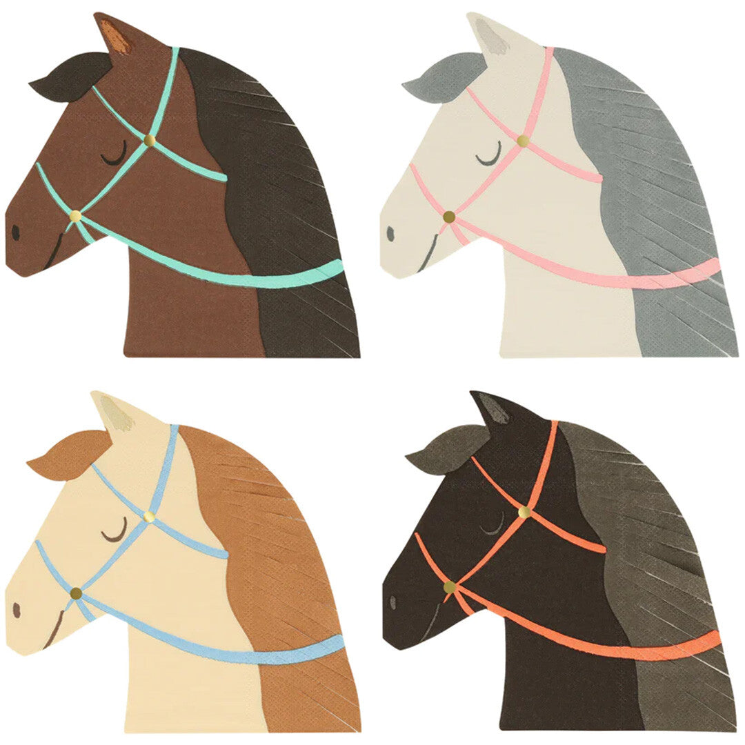 Vier verschillende Meri Meri servetten in de vorm van paardenhoofden.