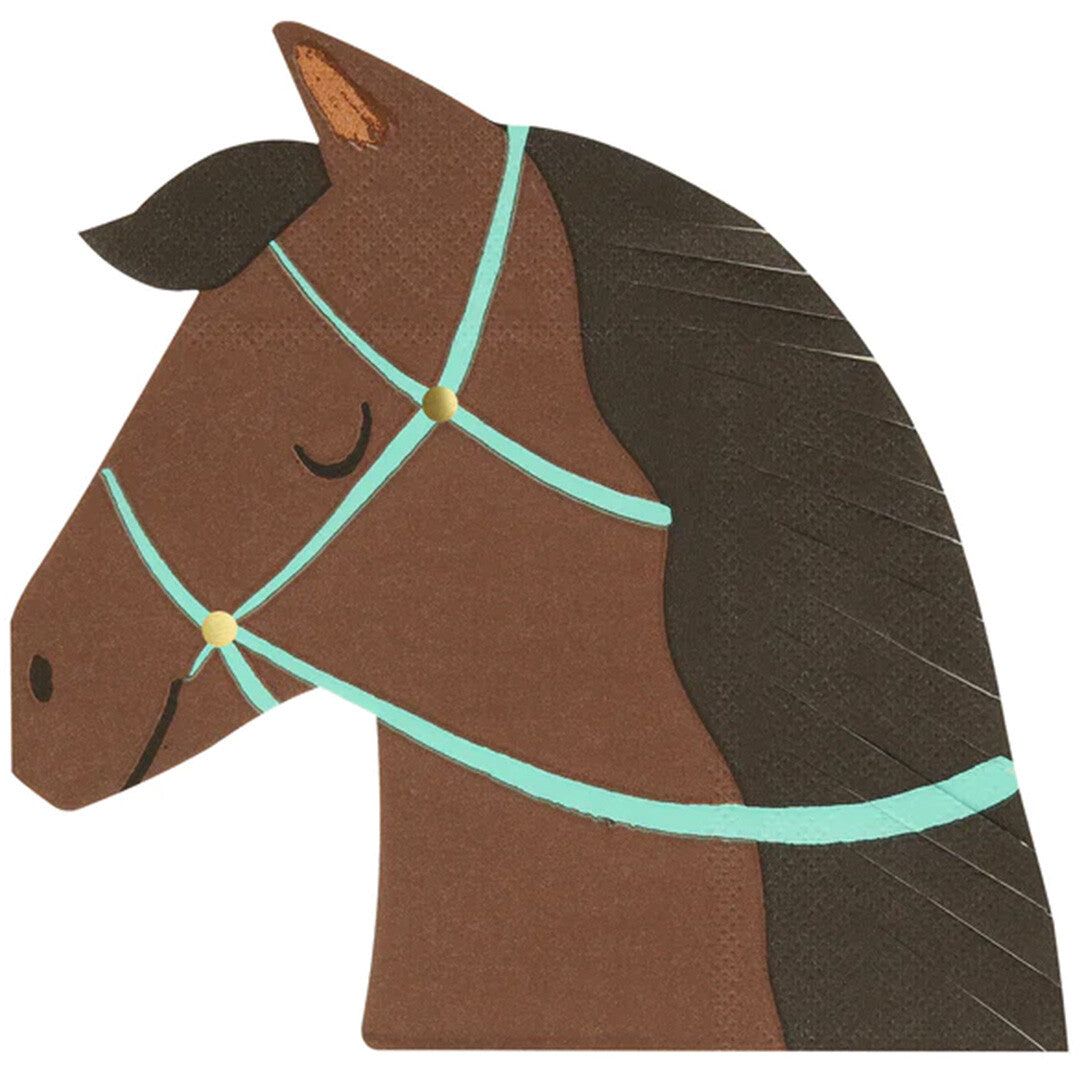 Een bruin Meri Meri servet in de vorm van een paardenhoofd met turquoise hoofdstel.