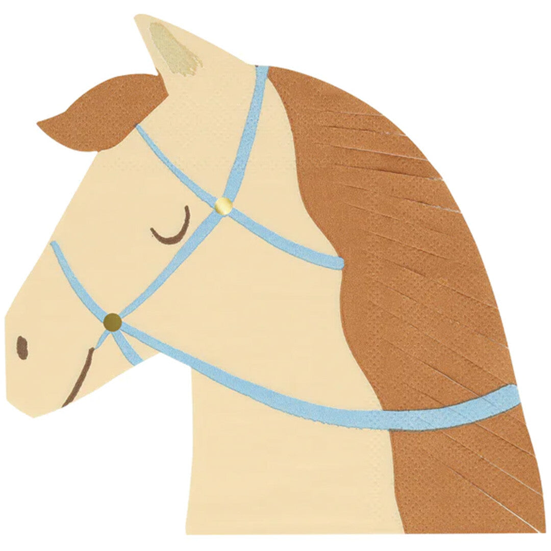 Een lichtbruin Meri Meri servet in de vorm van een paardenhoofd met blauw hoofdstel.