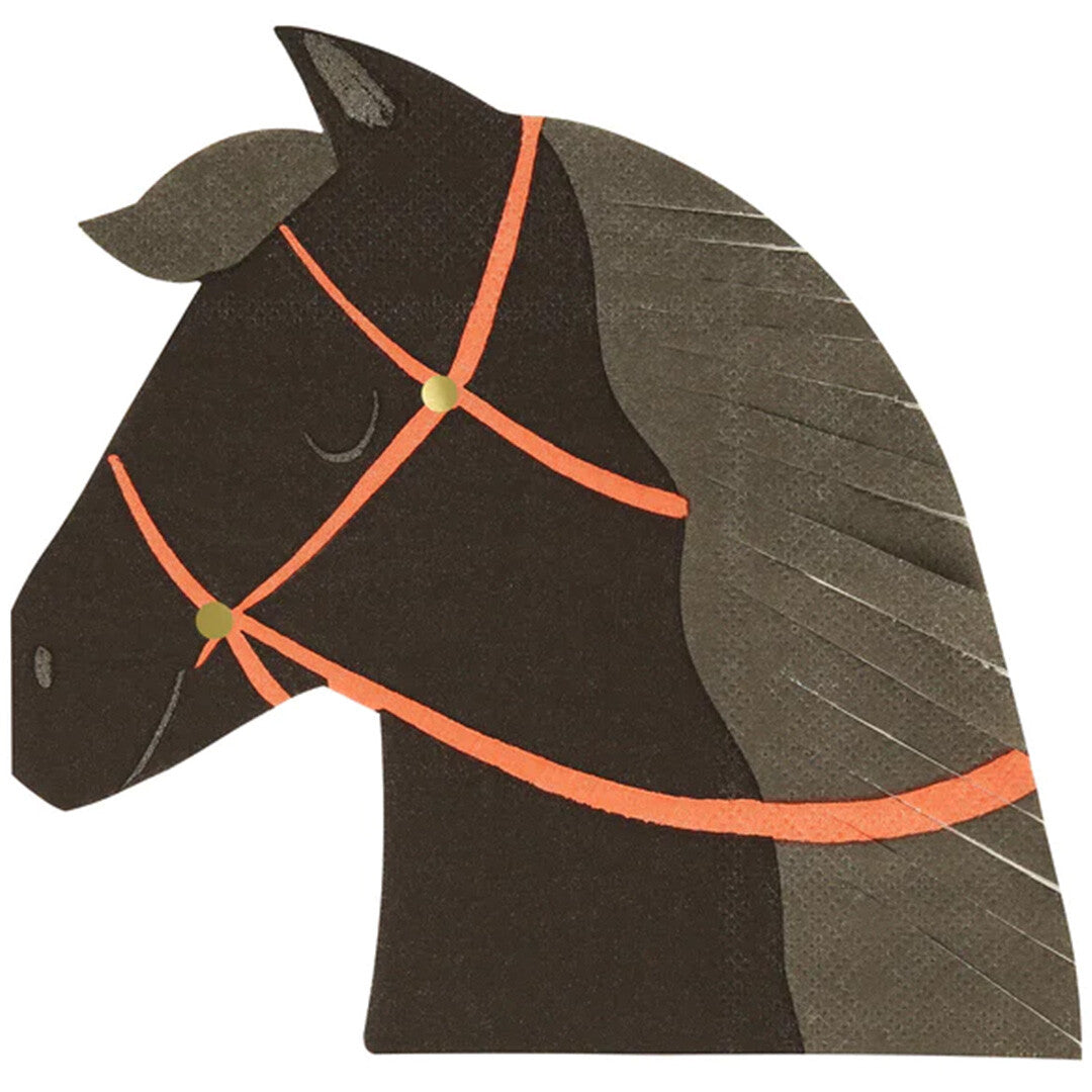 Een donkerbruin Meri Meri servet in de vorm van een paardenhoofd met oranje hoofdstel.
