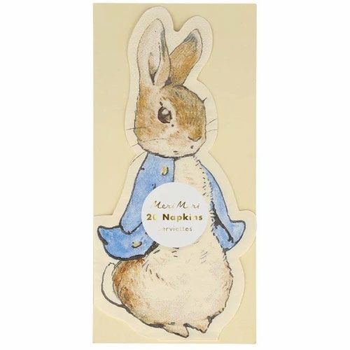 Verpakking van Meri Meri servetten met Peter Rabbit figuur en de tekst '20 Napkins'.