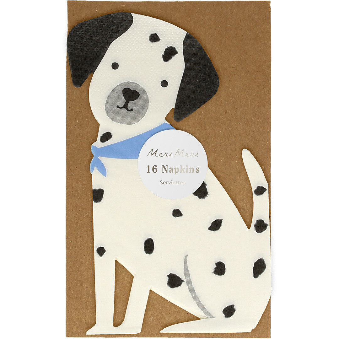 Verpakking van Meri Meri papieren servetten met een dalmatiër puppy en de tekst '16 Napkins'.