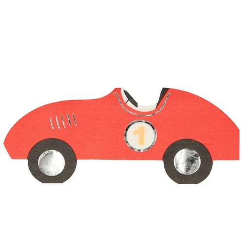 Meri Meri papieren servet in de vorm van een rode raceauto met nummer 1.