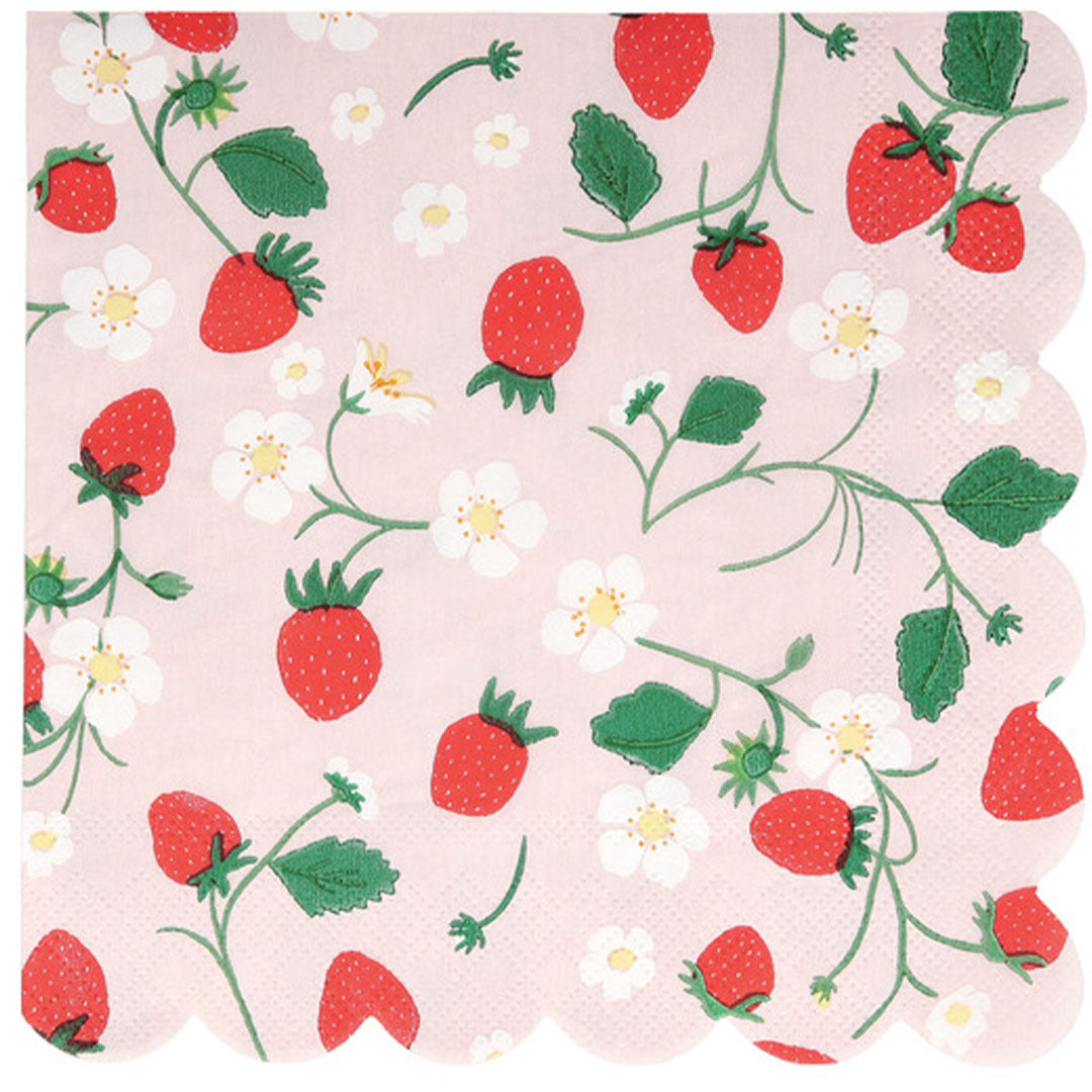 Meri Meri roze servet met een patroon van aardbeien, bladeren en witte bloemen.