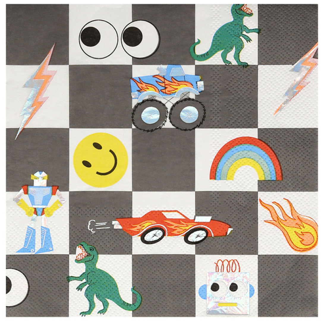 Meri Meri papieren servet met een geruit patroon en diverse speelgoediconen zoals een monstertruck, robot, dinosaurus en regenboog.