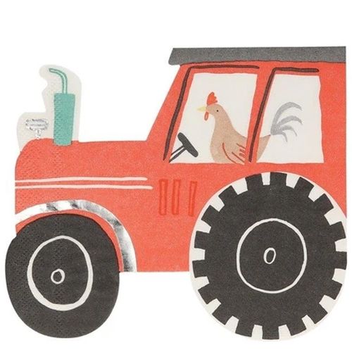 Meri Meri papieren servet in de vorm van een rode tractor met een kip achter het stuur.
