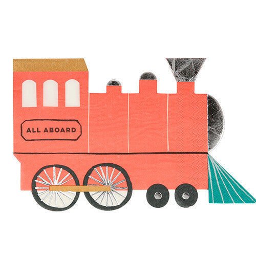 Meri Meri papieren servet in de vorm van een rode trein met de tekst 'ALL ABOARD'.