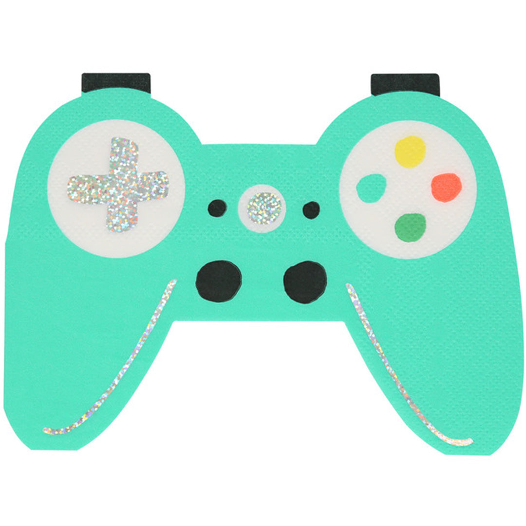 Meri Meri servet in de vorm van een groene gamecontroller met glitterdetails.