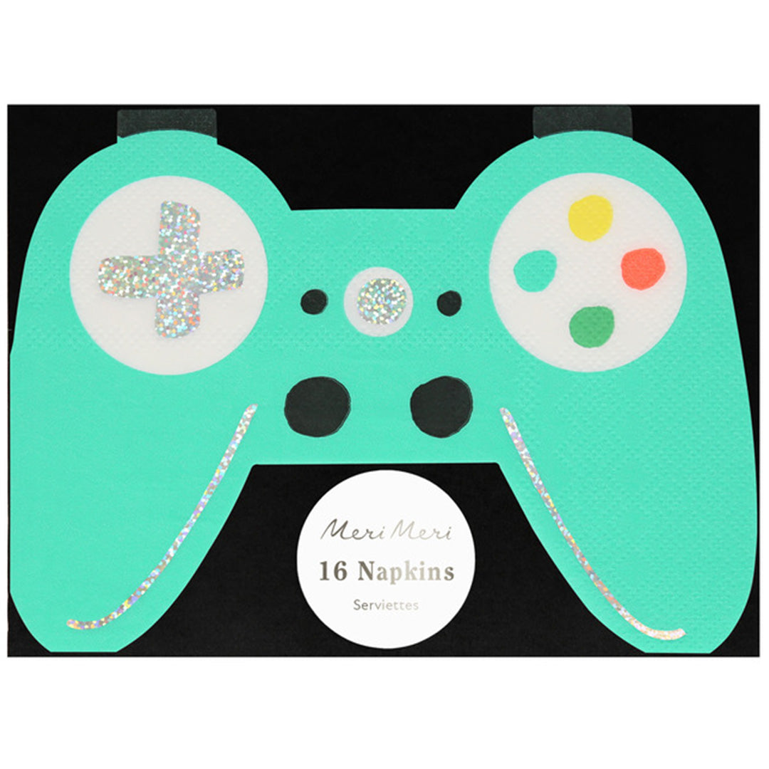 Verpakking van Meri Meri servetten in de vorm van een groene gamecontroller.