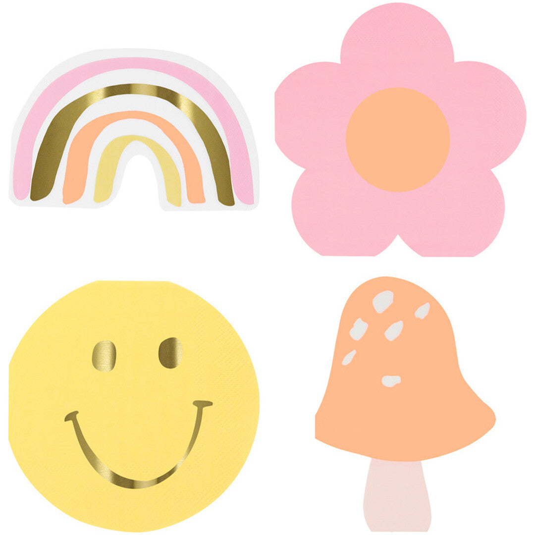 Vier Meri Meri papieren servetten met vrolijke figuurtjes: een regenboog, roze bloem, gele smiley en oranje paddenstoel.