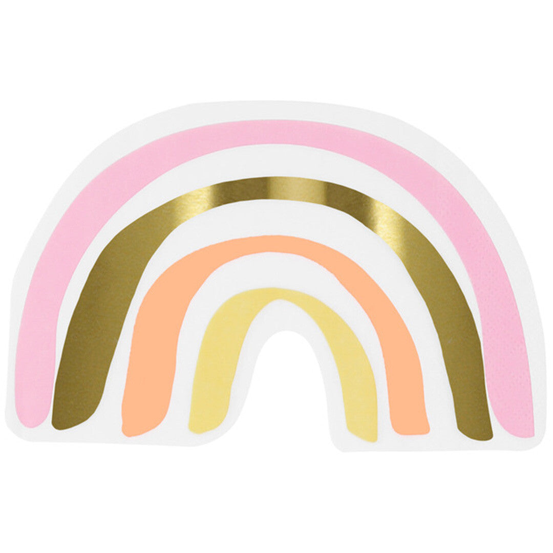 Een Meri Meri papieren servet in de vorm van een regenboog met roze, oranje, geel en goudkleurige strepen.