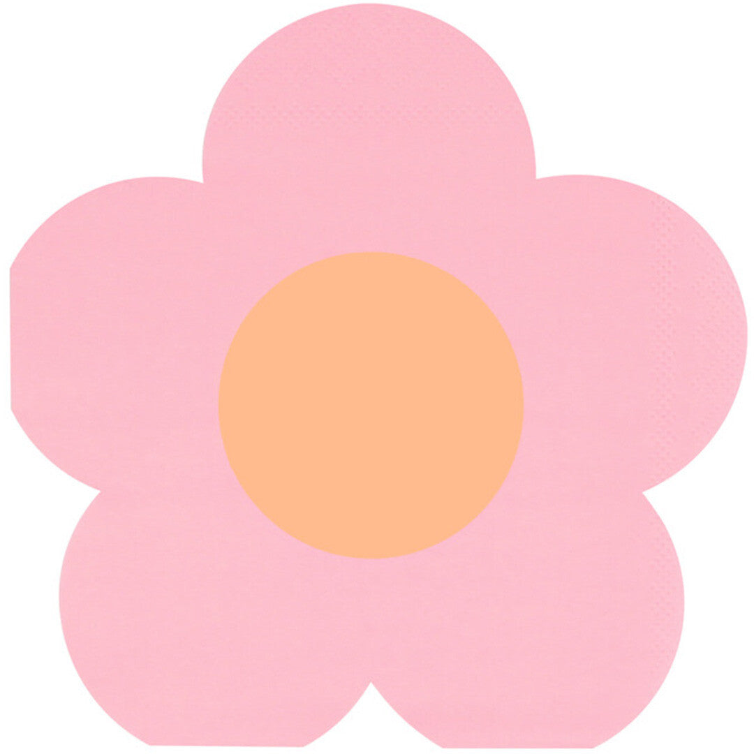 Een Meri Meri papieren servet in de vorm van een roze bloem met een oranje hart.