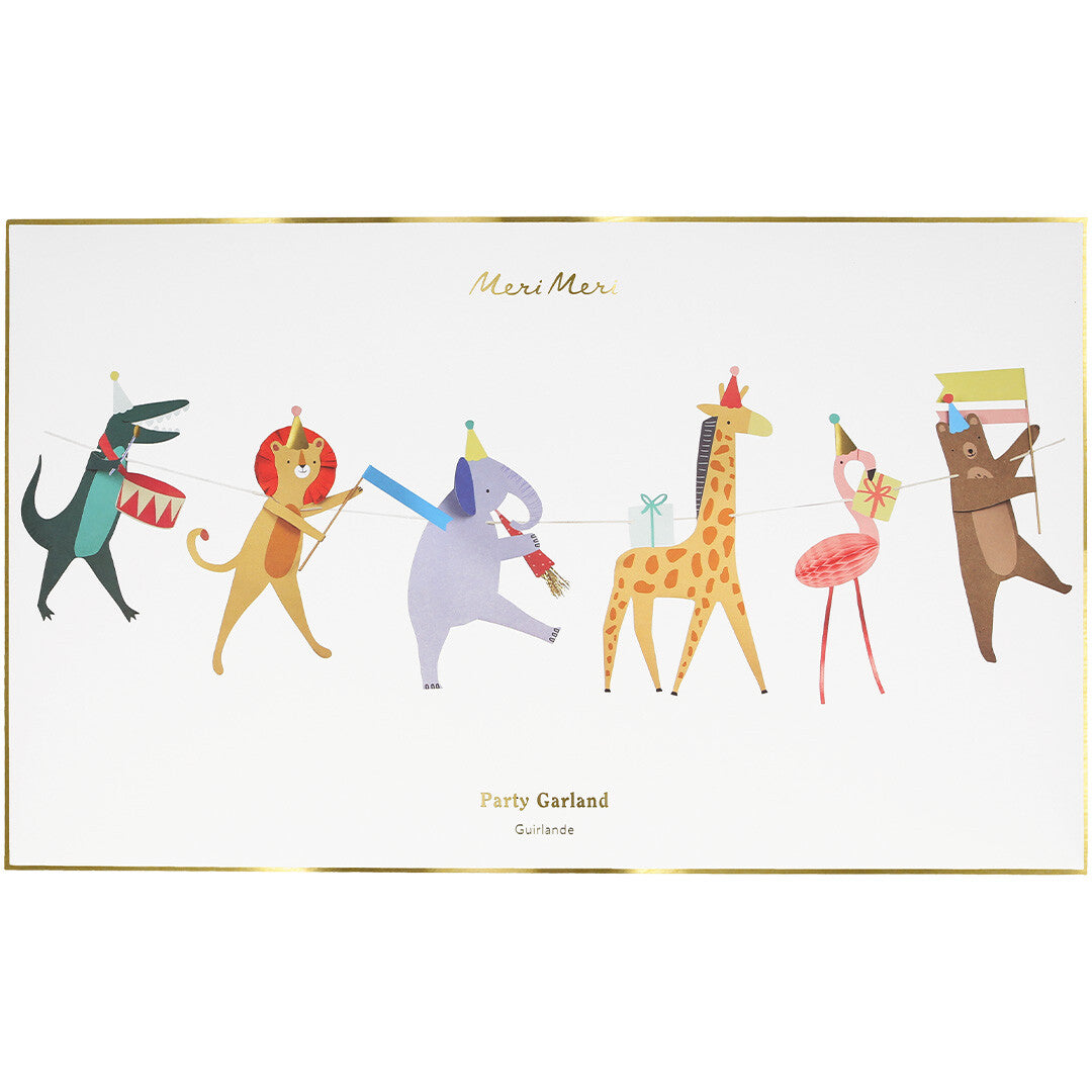 De Meri Meri verpakking van de feestslinger met een illustratie van de dierenparade en de tekst 'Party Garland'.