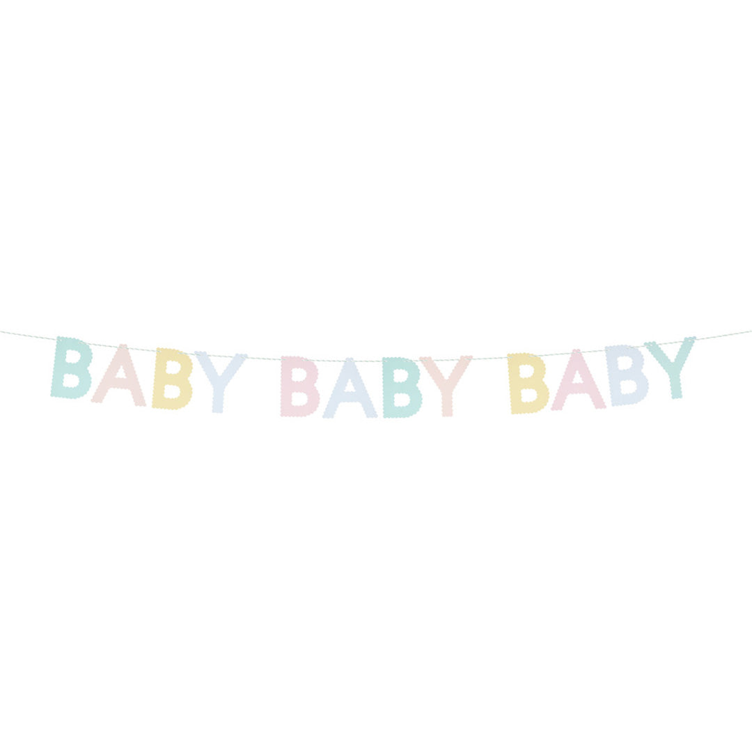Meri Meri slinger met de tekst 'BABY BABY BABY' in pastelkleuren.