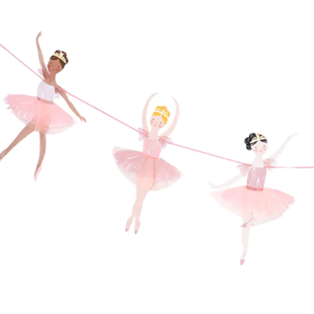 Meri Meri ballerina slinger met drie dansende figuren in roze tutu's, verbonden door een roze lint.