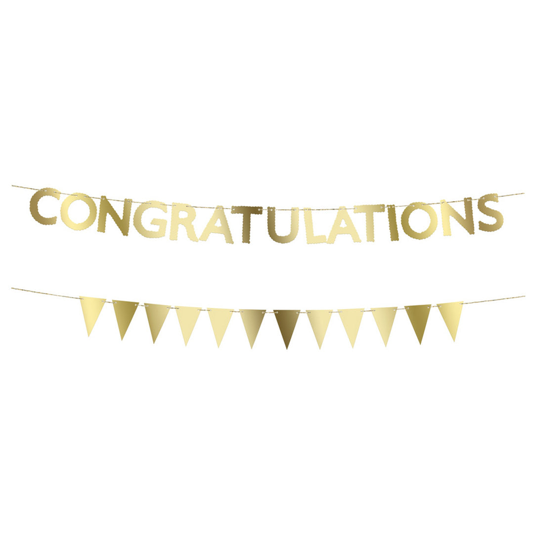 Meri Meri gouden slinger met de tekst 'CONGRATULATIONS' en een rij vlaggetjes.