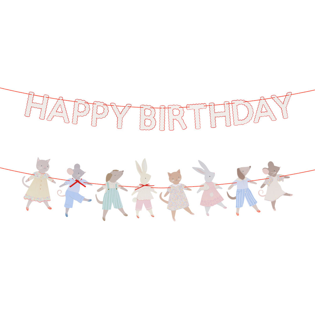 Meri Meri Happy Birthday slinger met dierenfiguren die elkaars hand vasthouden.