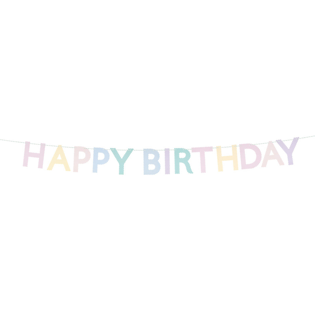 Meri Meri veelkleurige Happy Birthday slinger in pastelkleuren.