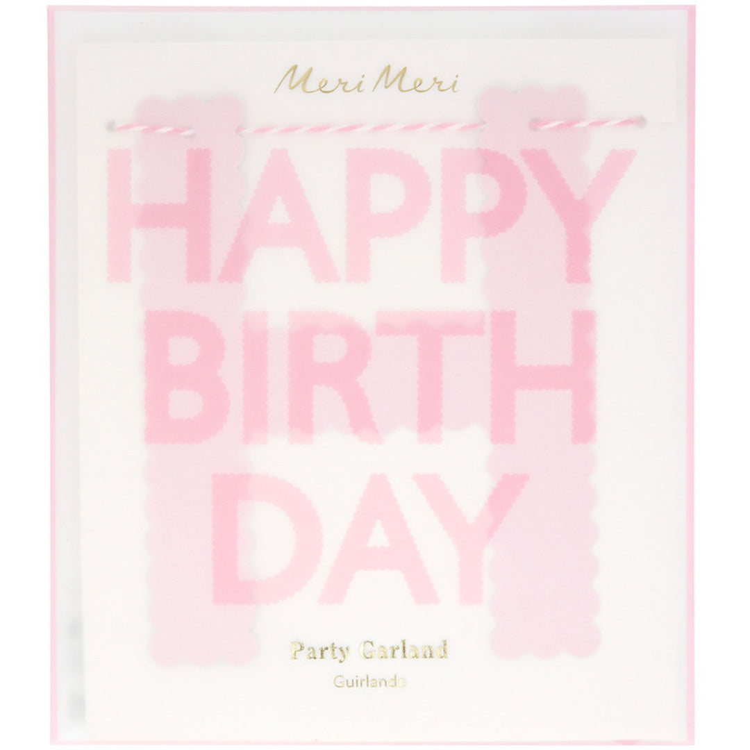 Verpakking van de Meri Meri roze 'Happy Birthday' slinger.