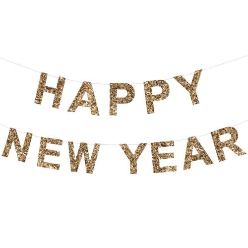 Meri Meri gouden glitter slinger met de tekst 'Happy New Year'.