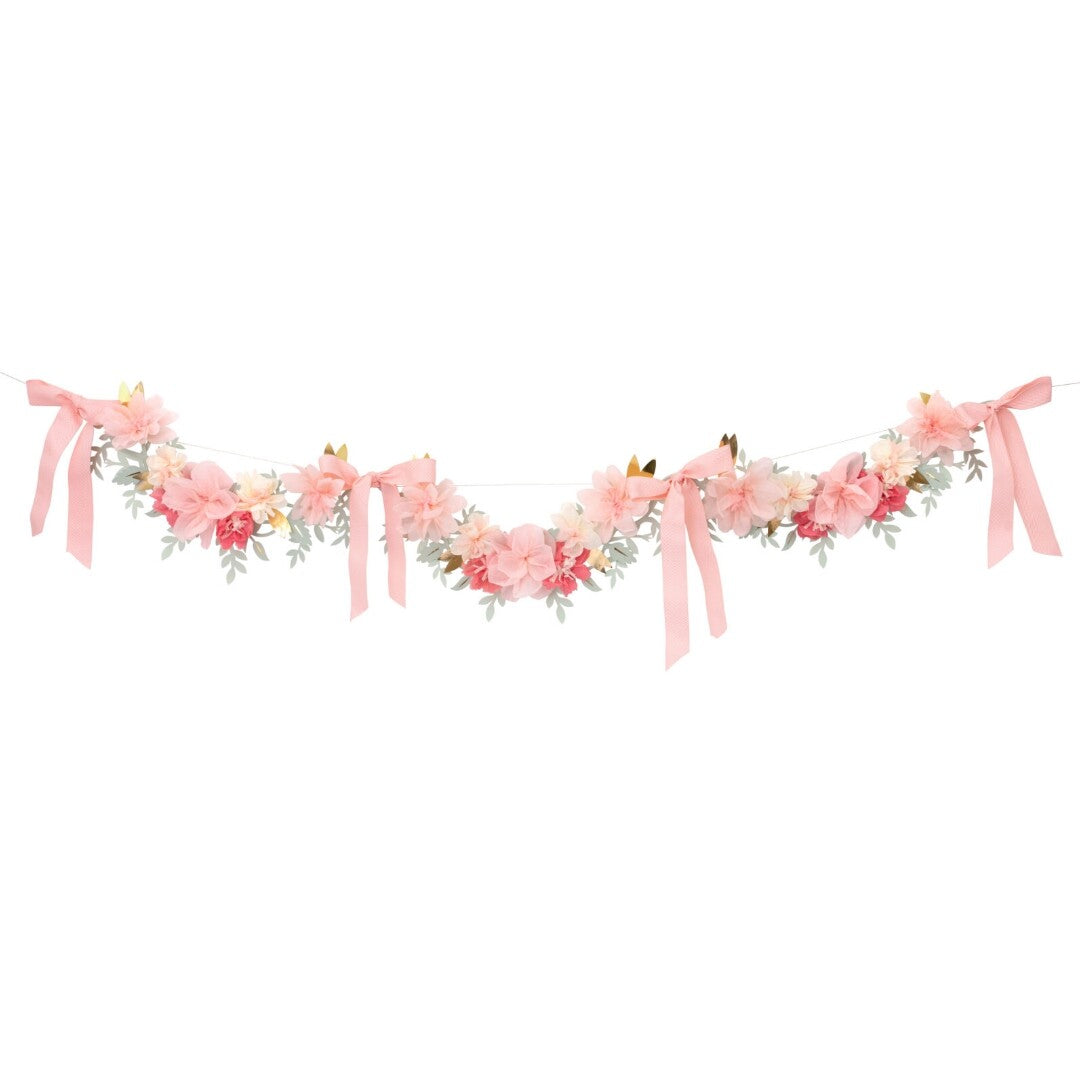 Meri Meri slinger met roze bloemen, bladeren en strikken.