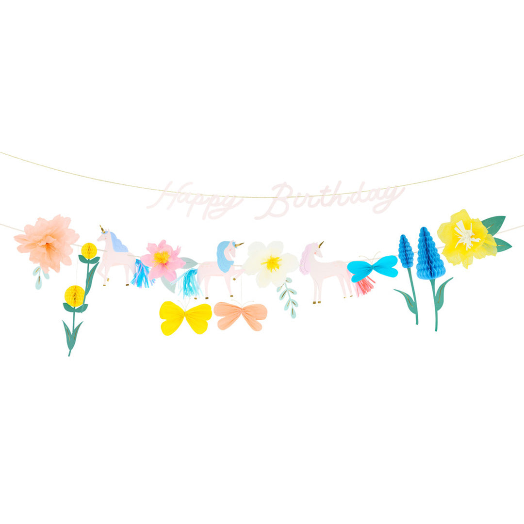 Meri Meri slinger met "Happy Birthday" tekst, eenhoorns, bloemen en strikken.